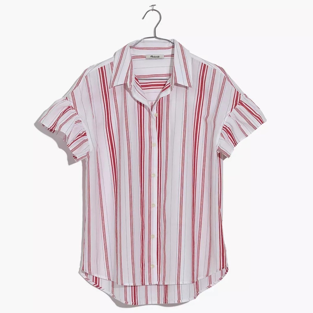 Madewell Central Ruffle Sleeve Button Down Shirt Red White Carey Stripe XS